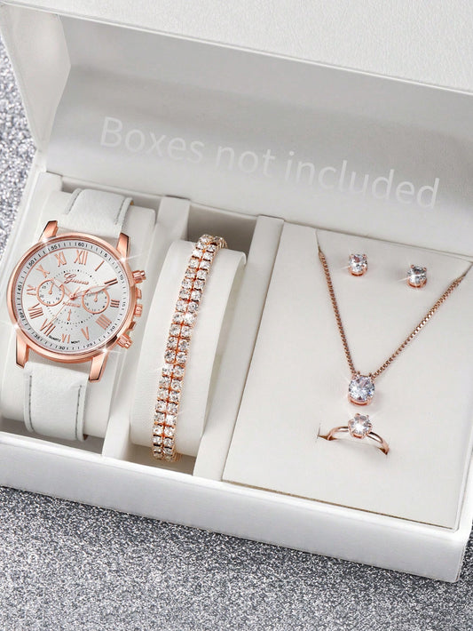 Women's Fashionable Quartz Watch with Three Sub-Dials, Roman Numerals & Jewelry Set (6Pcs/Set) 