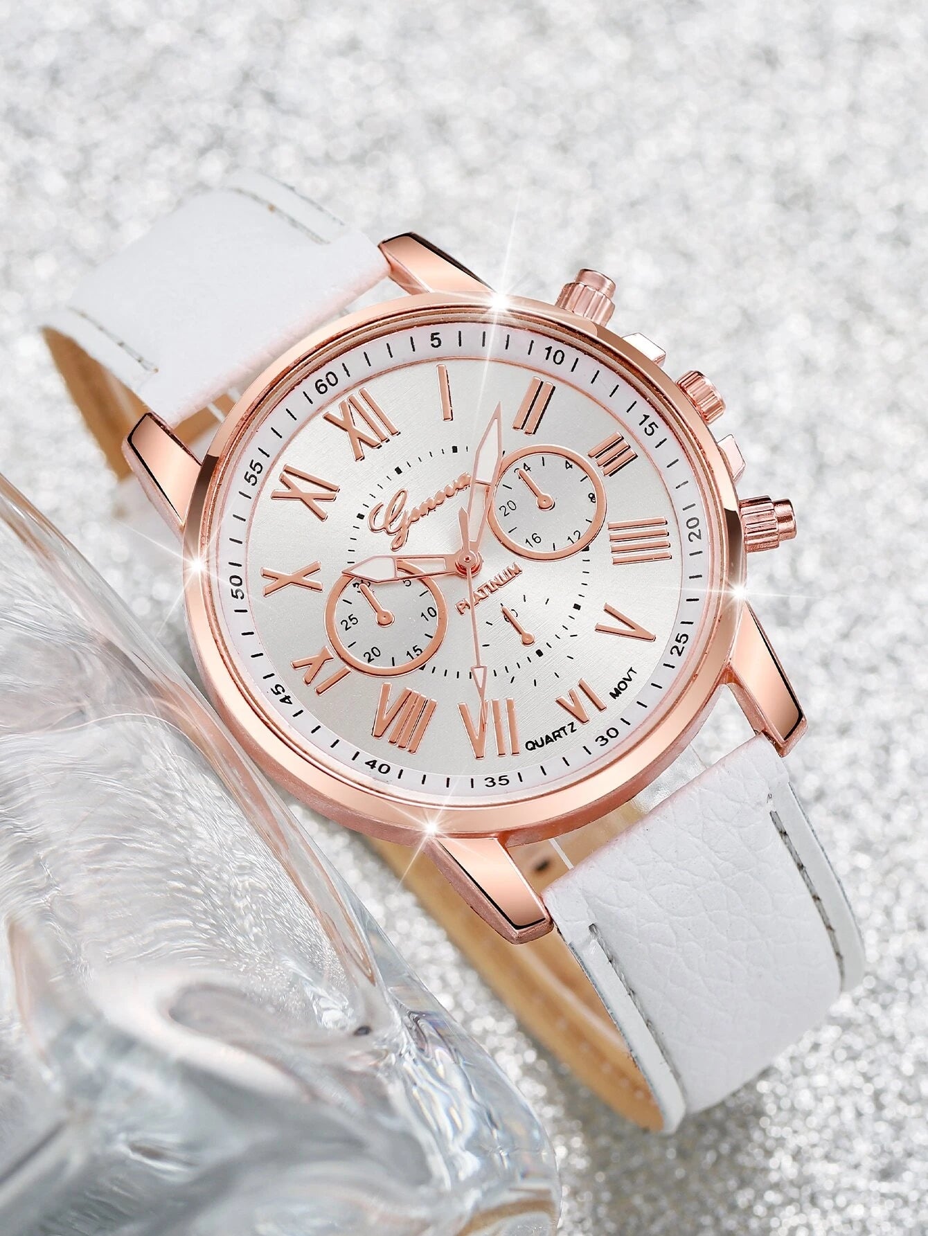 Women's Fashionable Quartz Watch with Three Sub-Dials, Roman Numerals & Jewelry Set (6Pcs/Set) 