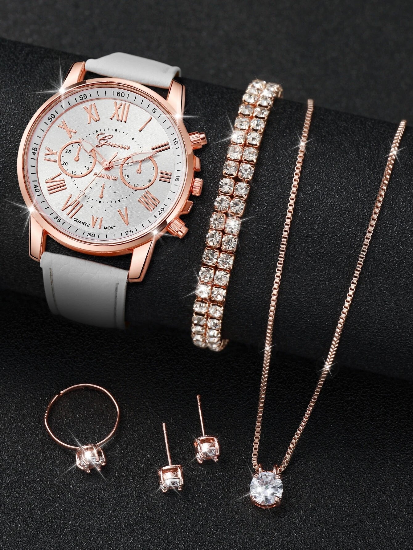 Women's Fashionable Quartz Watch with Three Sub-Dials, Roman Numerals & Jewelry Set (6Pcs/Set) 